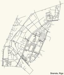 Black simple detailed street roads map on vintage beige background of the quarter Skanste neighbourhood of Riga, Latvia