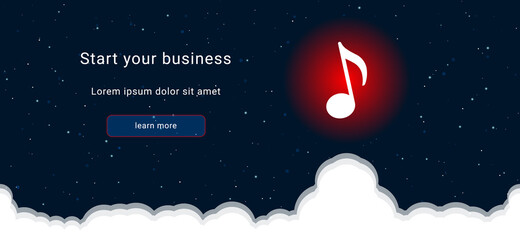 Business startup concept Landing page screen. The musical note symbol on the right is highlighted in bright red. Vector illustration on dark blue background with stars and curly clouds from below
