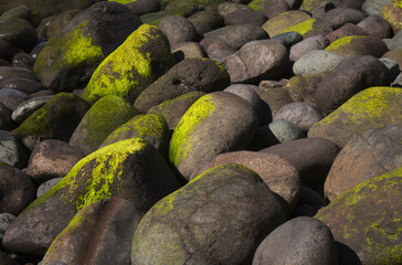 Gran Canaria, landscape of steep eroded west coast in Agaete municipality, dark volcanic boulders of 
Playa del Risco, beach belonging to El Risco hamlet
