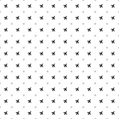 Square seamless background pattern from geometric shapes are different sizes and opacity. The pattern is evenly filled with black plane symbols. Vector illustration on white background