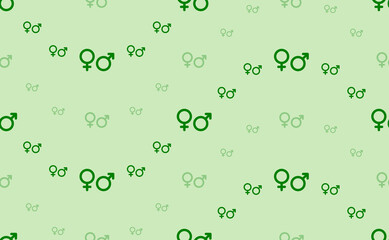 Seamless pattern of large and small green gender symbols. The elements are arranged in a wavy. Vector illustration on light green background