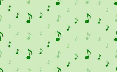 Seamless pattern of large and small green musical note symbols. The elements are arranged in a wavy. Vector illustration on light green background