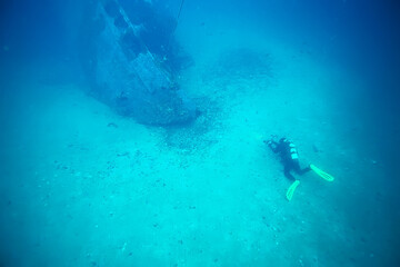 shipwreck diving landscape under water, old ship at the bottom, treasure hunt