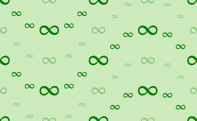 Seamless pattern of large and small green infinity symbols. The elements are arranged in a wavy. Vector illustration on light green background