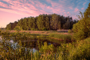 Early morning. Sunrise over the lake. Summer rural landscape