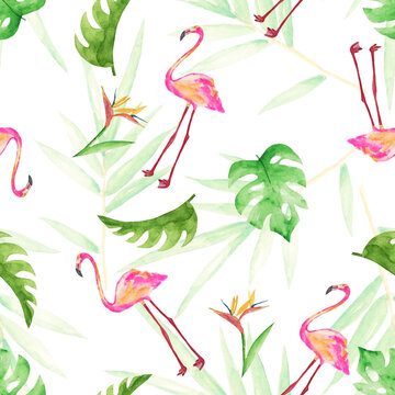 Seamless flamingo pattern in tropical leaves. Watercolour illustration.