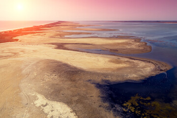 Seascape, top view of the estuary and shore. Sand spit separating the Black Sea and the Alibey estuary. Ukraine