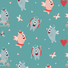 Seamless pattern with fantastic monsters. Cute and funny monsters - a girl on a scooter and a boy with wings on a green background with butterflies and a heart. Vector. Kids Collection 