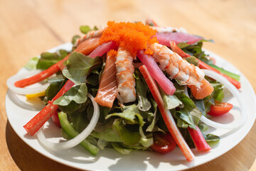 Spicy Salmon and shrimp Salad with fresh green vegetable