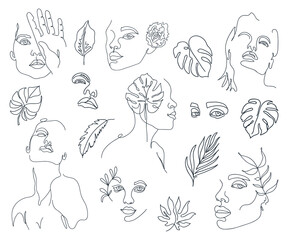 Set of trendy abstract one line woman faces with monstera leaves.