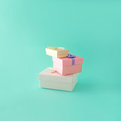 Gifts to the crowd. Blue background. Minimal composition.