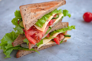 Delicious sandwich with fresh lettuce leaves, tomatoes, cucumbers and cheese on a grey table background.