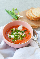 Gazpacho soup. Traditional spanish cold tomato soup of fresh raw vegetables with slices of toasted bread on a grey color table.
