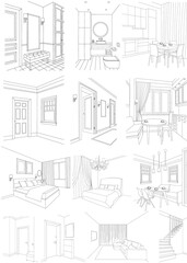 Fototapeta na wymiar set of interior bedroom, hallway, bathroom, sketch