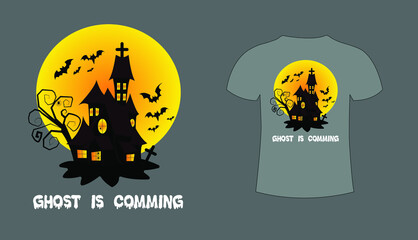 illustration of a Halloween Drakulas Castel T-shirt design.  Bat with ghosts castle in dark night with horror tree. Halloween horror T-Shirt illustration. 