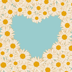 Floral frame from daisies in the shape of heart on blue background. Vector illustration element with copy space, may use for greeting cards, invitations, wedding, birthday, easter, package design.