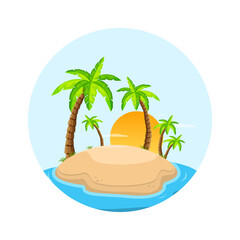 Tropical island in ocean with palm trees. Sandy beach by sea. Rest at resort. vector illustration.