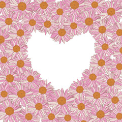 Floral frame of white-pink-yellow daisies in the shape of heart on white background. Vector illustration element with copy space for greeting cards, invitations wedding, birthday, packaging.