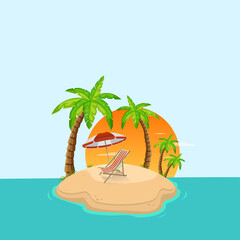 Tropical island in ocean with palm trees and sunbed. Sandy beach by sea. Rest at resort. vector illustration.