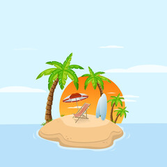 Tropical island in ocean with palm trees and sunbed with surfboard. Sandy beach by sea. Rest at resort. vector illustration.