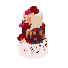 Wedding cake illustration with  floral decoration. Retro vintage wedding or birthday cake for invitations, greeting cards and other. Three-layer cake