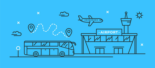 Vector illustration with an airplane in the sky, an airport building and a bus stop. Transfer concept. The route of the trip.  - obrazy, fototapety, plakaty