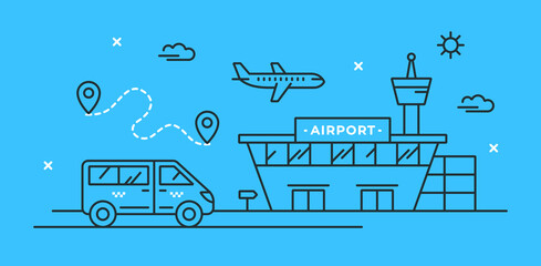 Vector illustration with airplane in the sky, airport building and taxi van. Transfer concept. The route of the trip. Stylish linear icons of airport terminal and minibus. - obrazy, fototapety, plakaty
