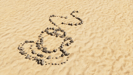 Concept or conceptual stones on beach sand handmade symbol shape, golden sandy background, sign of a hot cup of coffee, cappuccino or espresso. 3d illustration metaphor for morning, restaurant, break 
