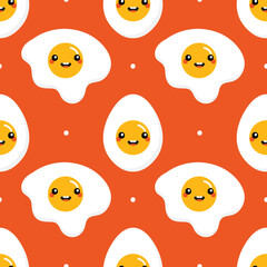 Cute cartoon style boiled eggs and fried eggs characters and dots vector seamless pattern background. 