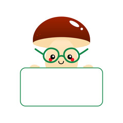 Cute smiling cartoon style mushroom character holding in hands blank card, banner.