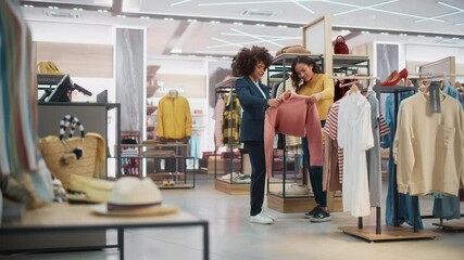 Customers Shopping in Modern Clothing Store, Retail Sales Associate Assists Client. Diverse People in Fashionable Shop, Choosing Stylish Clothes, Colorful Brand Designs, Quality Sustainable Materials. - Powered by Adobe