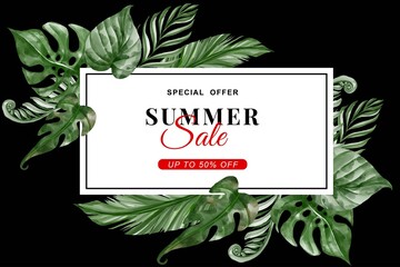 summer sale banner with greenery tropical leaf watercolor