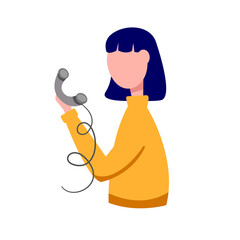 Woman with landline telephone in her hand. Concept illustration for customer support, help, call center. Vector illustration.