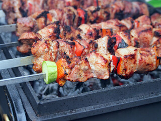 Shashlik on skewers is prepared on the grill over the coals.  Marinated meat is cooked on coals.

