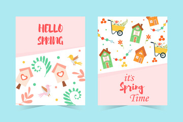 Set of spring banners. Hello spring with lettering, cute houses, birds, birdhouses, flowers and more. Cute hand-drawn illustration.