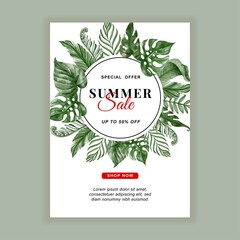 summer sale banner with greenery tropical leaf watercolorsummer sale banner flyer with greenery tropical leaf watercolor