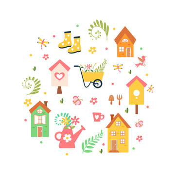 Set of spring elements: house, scraper, birds, flowers, garden cart and more. Hand drawn cute elements. Cute illustration.