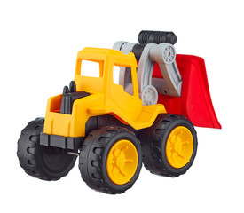 Toy plastic tractor with a bulldozer bucket of bright colors, isolated on a white background. Rear view. Children's toys.