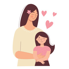 Beautiful woman holds a baby in her hands, mom hugs her children. Mother's day, women's day. Flat vector people isolated on white background