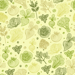 Hand Drawn Doodle Vegetables with spiral pattern Seamless background. Abstract striped different Green veggies.