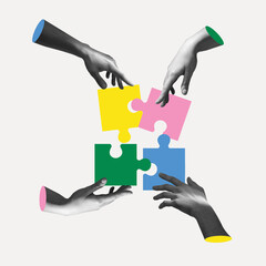 Hands aesthetic on light background with colored puzzles, artwork. Concept of business, community, professional occupation, symbolism, surrealism. - obrazy, fototapety, plakaty