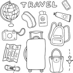 Vector Illustration Hand Drawn Doodle Outline Cartoon Travel Vacation Isolated Elements Clipart Set