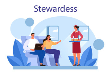 Stewardess concept. Flight attendants help passenger in airplane