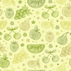 Hand Drawn Doodle Fruits with spiral pattern Seamless pattern. Abstract Green striped fruits and berries: watermelon, apple, pear, grapes, strawberries, plums, cherries. Vector illustration