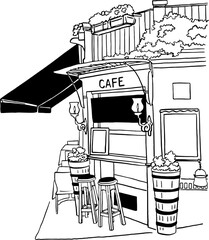Cafe restaurant in old town Front shop with table and seat Hand drawn vector illustration