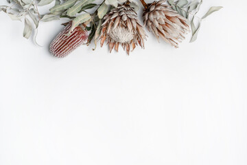 Beautiful dried flower decorative arrangement including Eucalyptus leaves,  King Protea and Banksia flowers in red, pink and purple on a white background, photographed from above.