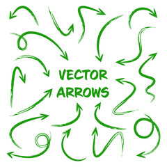 Green hand drawn arrows isolated on white background. Doodle arrow, zigzag and round pointers. Handmade sketches of direction symbols. Vector illustration.