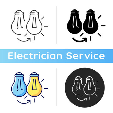 Changing lightbulb icon. Electrical repair. Bulb replacement. Avoiding electrocution injury. Leaving light bulb sockets empty. Linear black and RGB color styles. Isolated vector illustrations