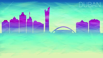 Durban South Africa City Skyline vector Silhouette. Broken Glass Abstract Geometric Dynamic Textured. Banner Background. Colorful Shape Composition. - obrazy, fototapety, plakaty