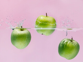 Green apples thrown into the clean water against pastel pink background. Fresh summer fruit in transparent water. Floating and immersed apples, drops of water. Creative food concept.